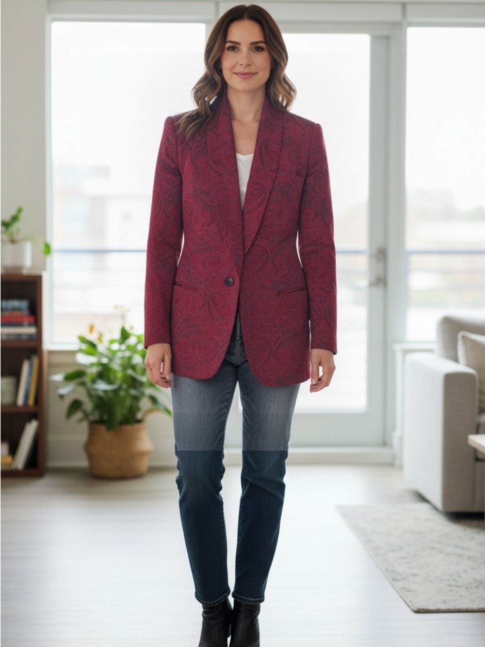 Dana Buchman Vintage Red Paisley Single-Button Blazer